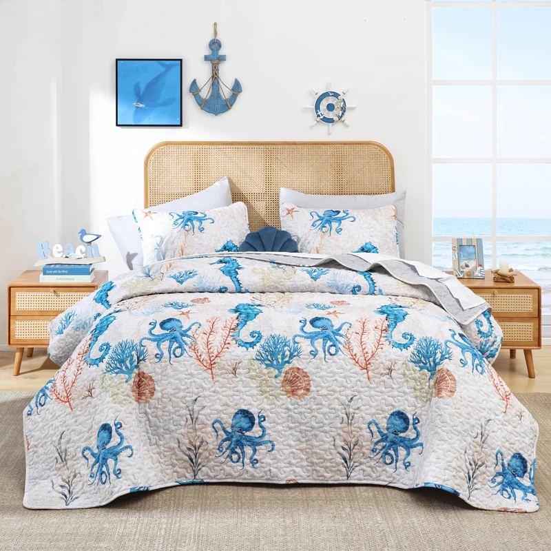 weigelia Coastal Quilts Bedding Set King Size - Summer Nautical Bedding Quilt with Pillow Cases, Beach Reversible Quilt Set Ocean Blue Seahorse Bedspreads Coverlet Soft Lightweight Comforter