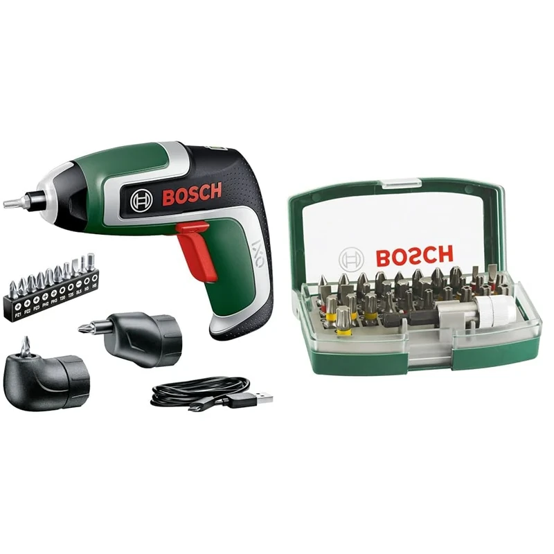 Bosch Home and Garden Compact Cordless Screwdriver IXO (7th Gen; with Micro-USB Cable; in Storage Box) + 32pc. Screwdriver Bit Set (PH-, PZ-, Hex-, T-, TH-, S-Bit, Accessories)