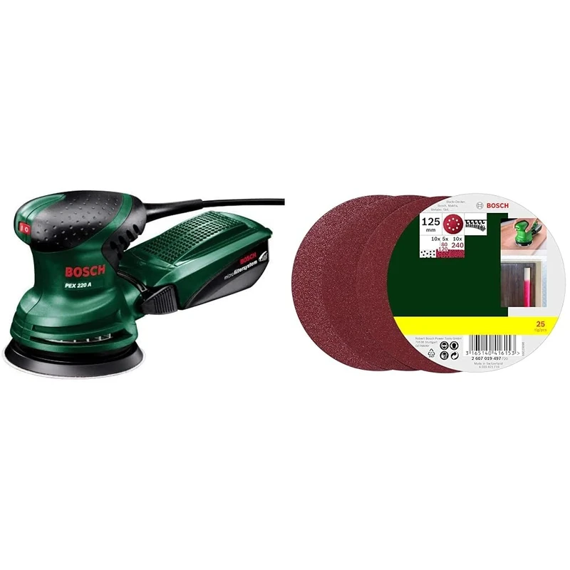 Bosch Home and Garden Random Orbit Sander PEX 220 A (220 W, in Carton Packaging) + 25 Random Orbit Sanding Sheets, Dia.125mm, 80-240 Grit