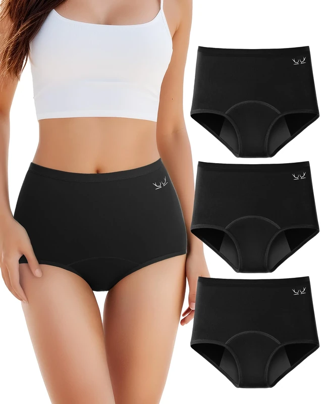 Period Pants for Women, 60ML Absorbency Heavy Flow Leakproof Cotton Menstrual Knickers, Soft Breathable High Waist Underwear with Extra Protection, Postpartum Washable, Pack of 3 Black