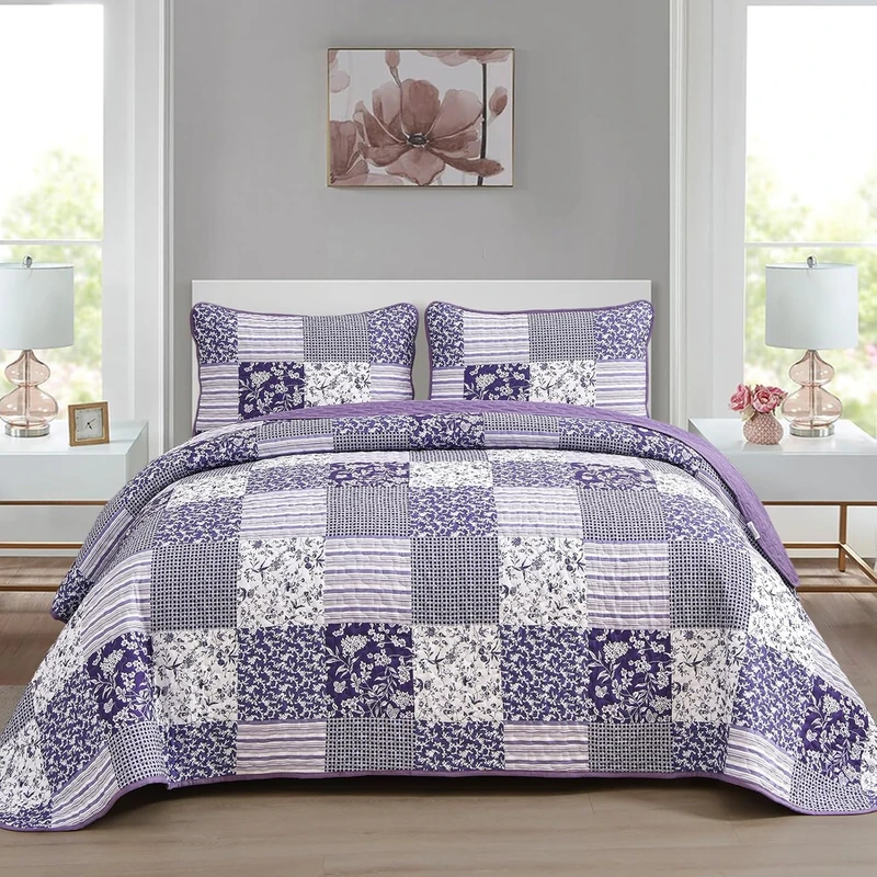 Mybedsoul Purple Quilt Set Full Size, 3 Pieces Plaid Floral Bedspread Set Patchwork Reversible Bedding Set Microfiber Lightweight Bedspread Coverlet Set for All Season 78"x90"