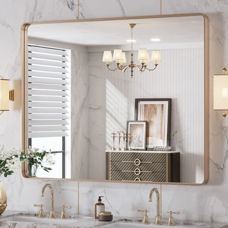 LOAAO 40"X32" Gold Bathroom Mirror, Rounded Rectangle Gold Frame Mirror, Brushed Gold Bathroom Vanity Mirror Wall-Mounted, Anti-Rust, Tempered Glass, Hangs Horizontally or Vertically