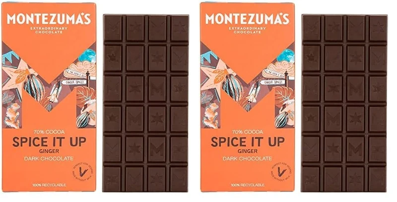 Montezuma's Spice It Up, 70% Cocoa, Dark Chocolate With Ginger, Gluten Free & Naturally Vegan, 90g Bar (Pack of 2)