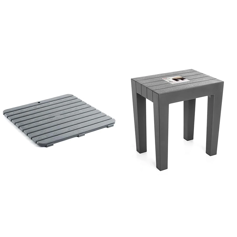 Tatay Square Shower Platform of Resistant plastic, Wood Effect Finish + Rectangular stool made of textured polypropylene Gray, with wood effect finish