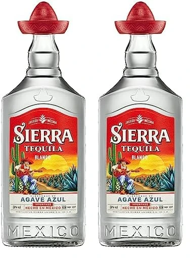 Sierra Tequila Blanco (1 x 700 ml) - The Original with the Red Sombrero from Mexico - Tequila Blanco with Fruity & Fresh Aromas - Ideal as a Shot with Salt & Lemon - 38% ABV (Pack of 2)