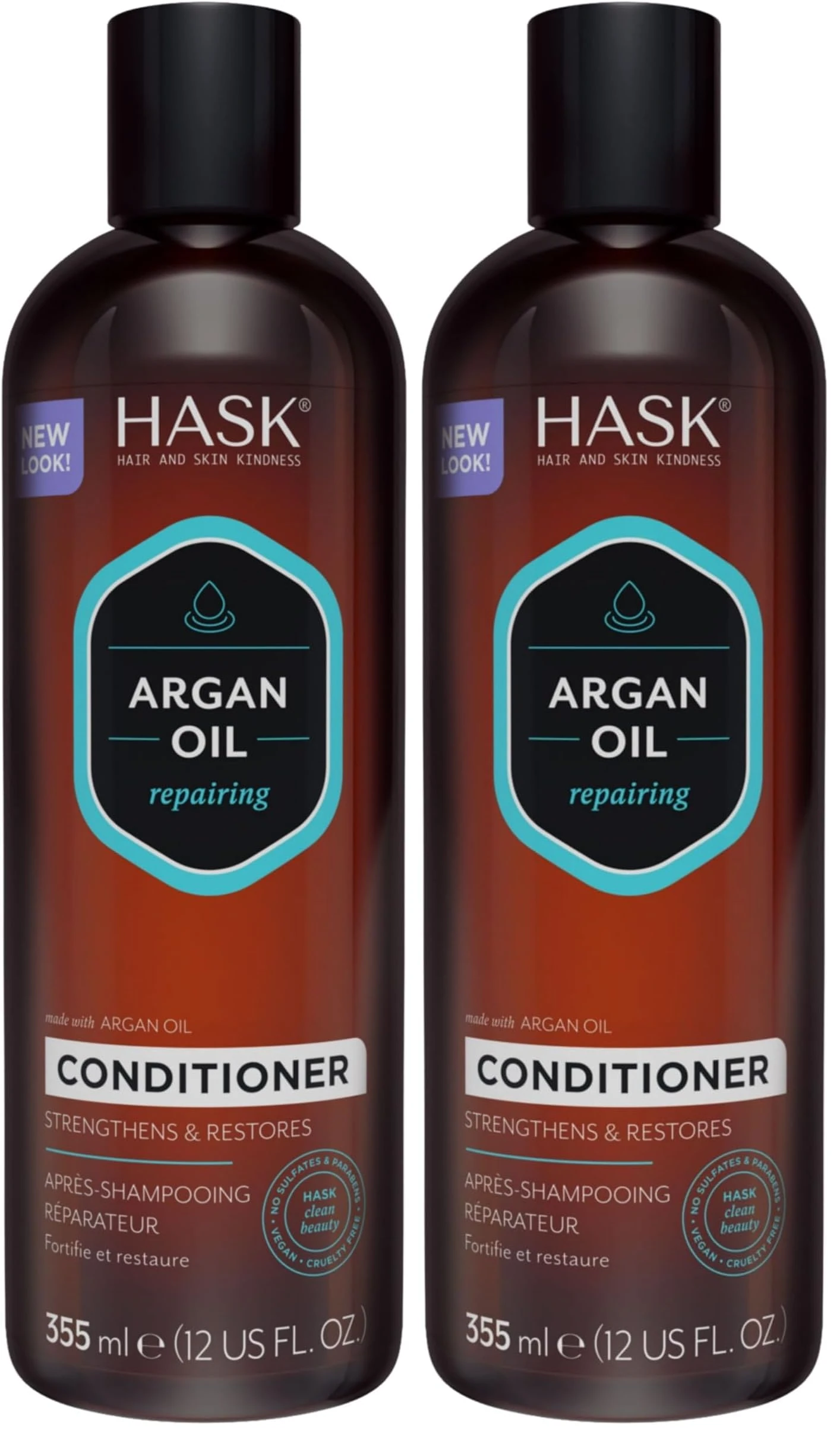 HASK Argan Oil Conditioner, Repairing for all hair types, colour safe, and cruelty-free - 1 355mL Bottle (Pack of 2)