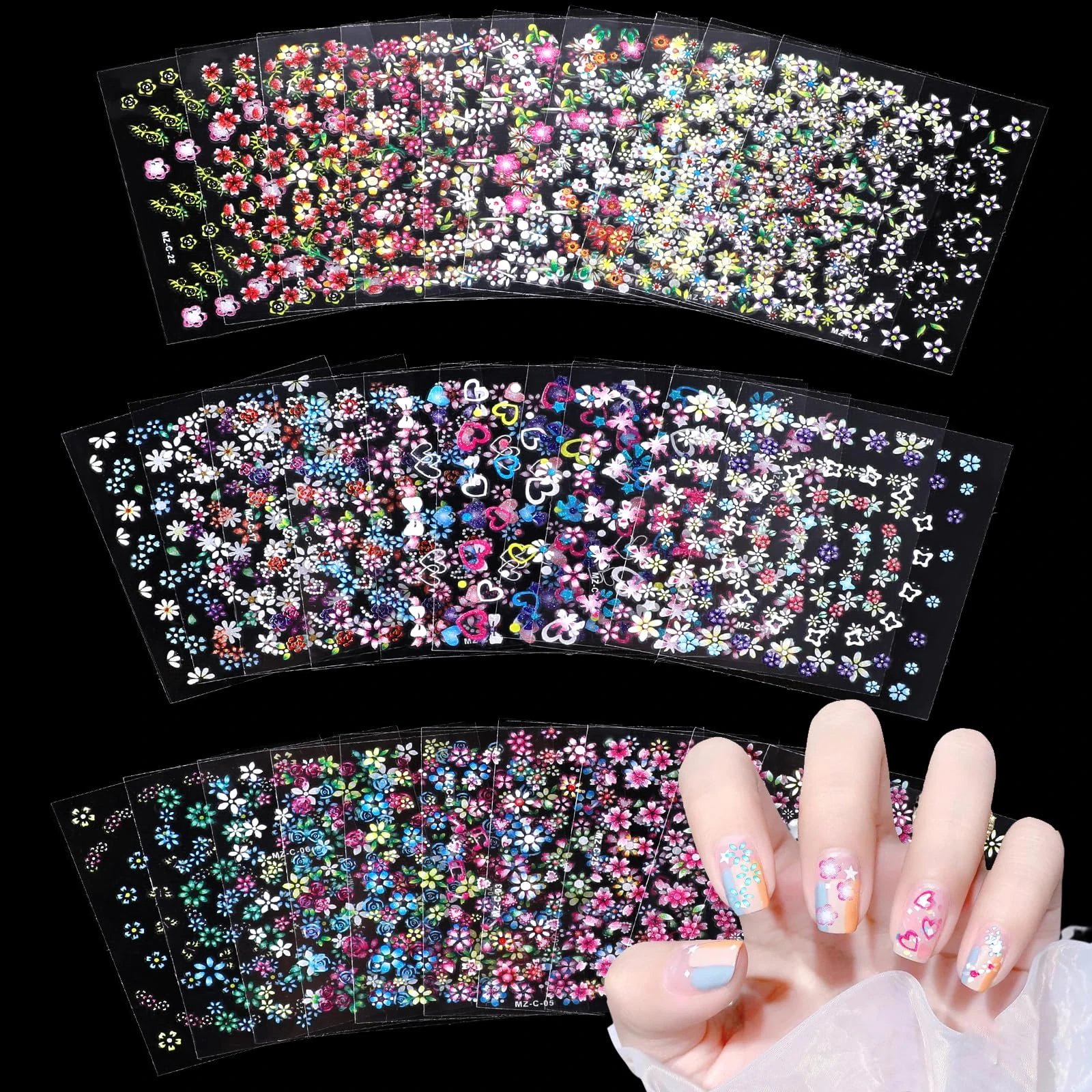 Flower Nail Stickers, 30 Sheets Cute Colorful Nail Art Stickers 3D Self-Adhesive Floral Heart Nails Decals Nails Art Decoration Supplies for Women Girls DIY Manicure Accessories