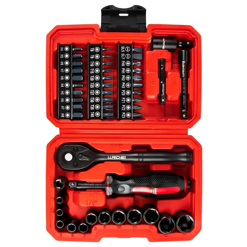 LLNDEI 48-Piece 1/4" Mini Socket Ratchet Set 4-14mm, 72-Tooth, Bits