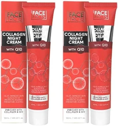 Face Facts Collagen & Q10 Night Cream | Ubiquinone (Q10) + Vitamin E + Collagen | Smooth + skin elasticity | 50ml (Pack of 2)