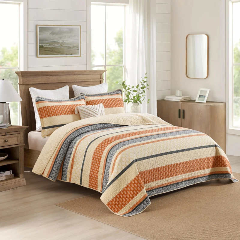 Homzard Queen Quilt Bedding Set - Cotton Quilt Sets Queen Szie,Orange Grey Black Quilt for Queen Size Bed, Farmhouse Lightweight Queen Quilt Bedspread Set, 3 Piece All Season