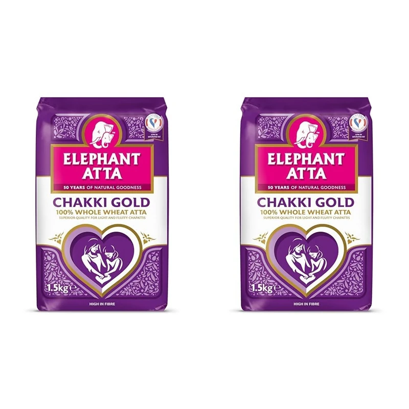 Elephant Atta Chakki Gold Chapatti Flour | Atta | Premium Flour | Naan Flour | Roti Flour | Chakki Atta | Chakki Flour | Chaki Flour | Plain Flour | (1.5kg) (Pack of 2)