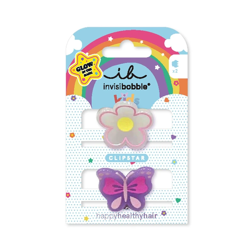 invisibobble Clipstar Glow Kids Happy Flower - Pack of 2 Luminous Children's Hair Clips - Flower and Butterfly Design - Non-Slip Hair Clips for Healthy Hair - Perfect for Girls