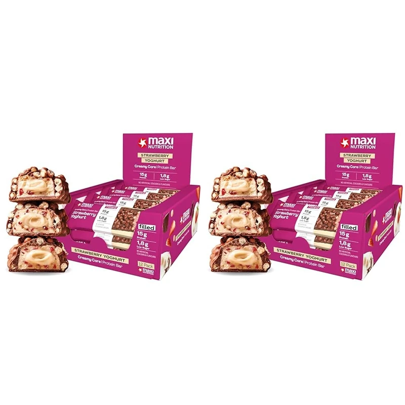 MaxiNutrition Creamy Core Protein Bar - Maxi nutriton High Protein Snack - Fat-Free, Low in Sugar - 15g Protein - Strawberry Yoghurt, 200 kcal per Serving, 12 x 45g (Pack of 2)
