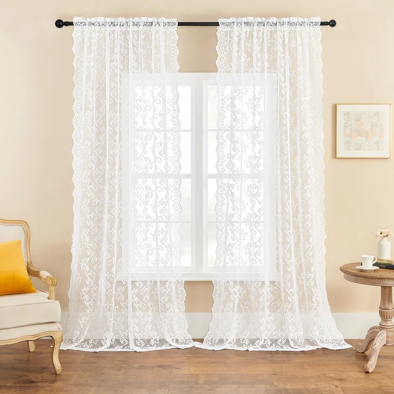 FOLKSIDE Paisley Lace Floral Curtains for Living Room Bedroom Dining Room Large Window Sheer Neutral Window Drapes Rod Pocket Light Filtering 52x108 Inch White 2 Panels