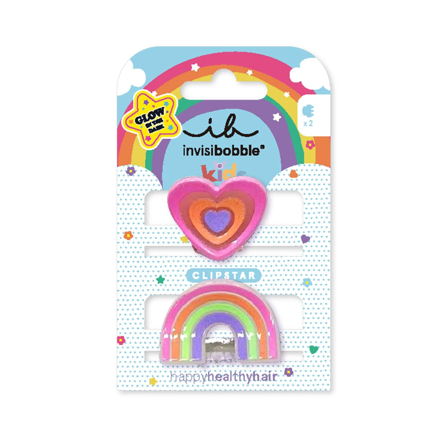 invisibobble Clipstar Glow Kids Happy Hearts - Pack of 2 Luminous Kids Hair Clips - Rainbow and Heart Design - Non-Slip Hair Clips for Healthy Hair - Perfect for Girls