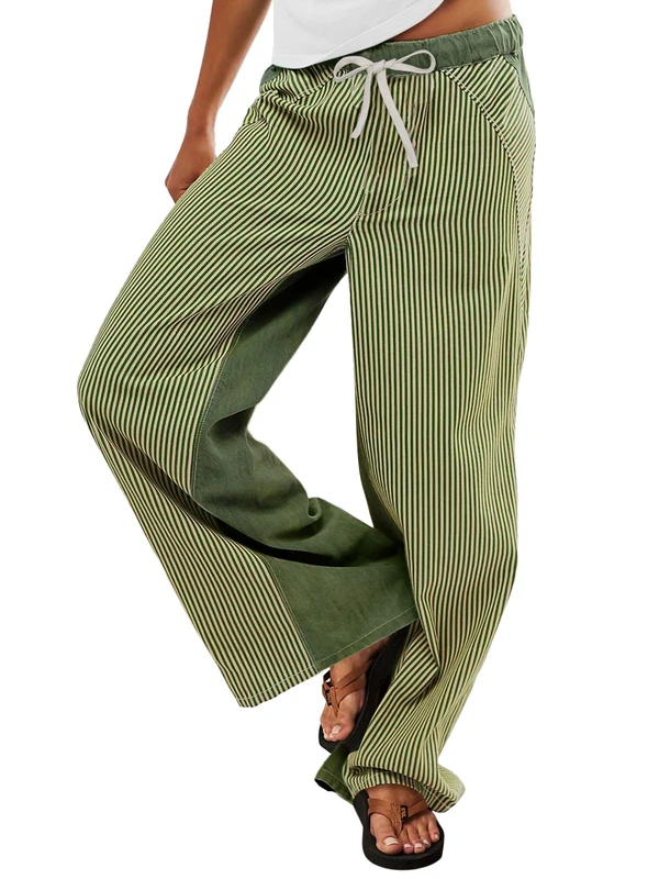 PEIHOT Low Rise Striped Pants for Women Pull On Drawstring Boho Wide Leg Jeans Trendy 2025, Green, M