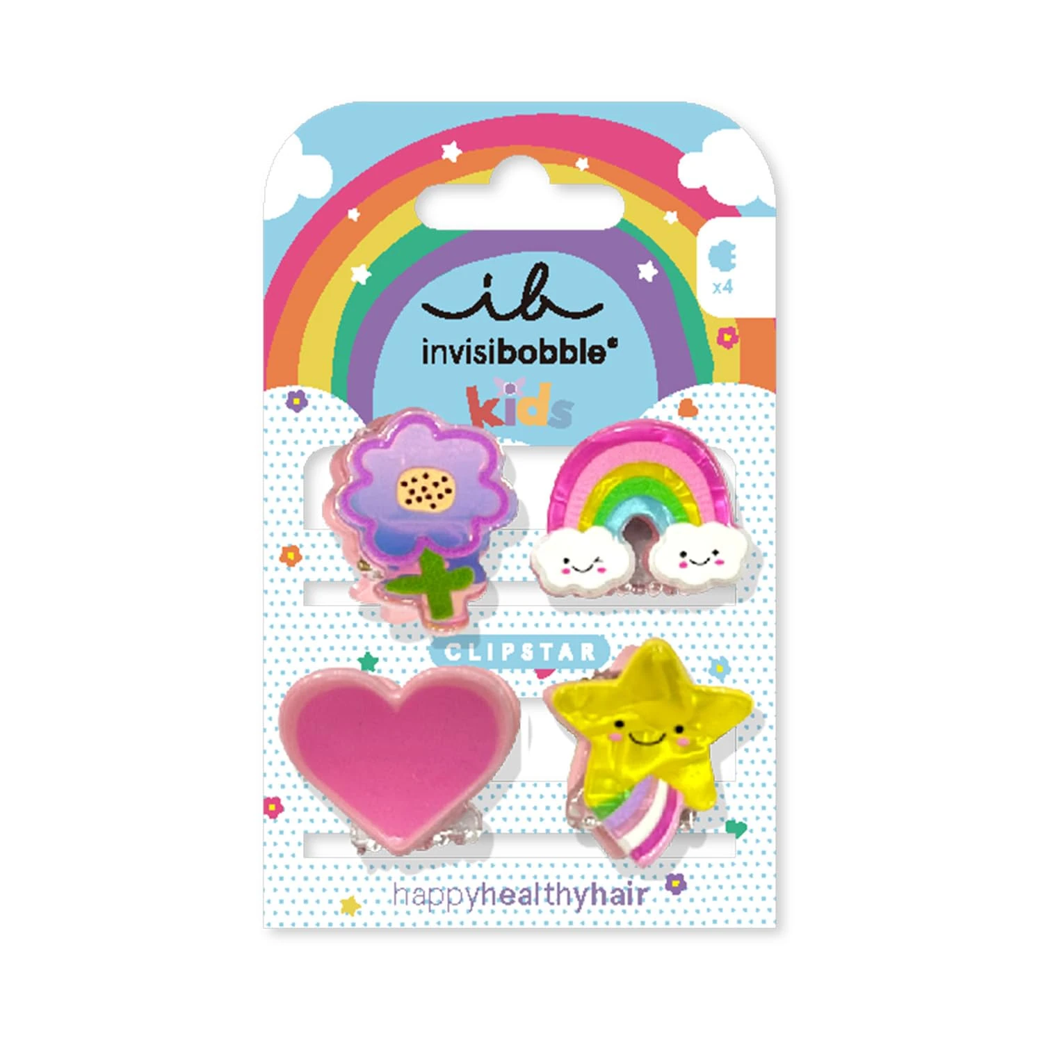 invisibobble Clipstar Kids Happy World - Pack of 4 Children's Hair Clips - Rainbow, Star, Heart and Flower Design - Non-Slip Hair Clips for Healthy Hair - Perfect for Girls
