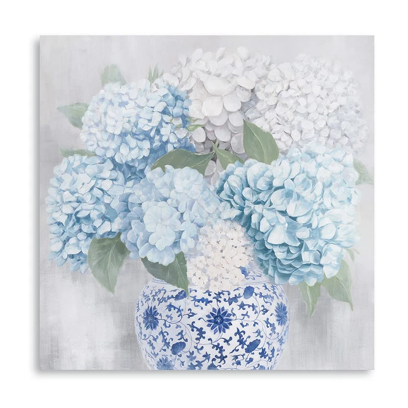 Blue and White Chinoiserie Hydrangea Canvas Wall Art Oriental Chinese Porcelain Vase Blossom Flower Picture Hydrangea Poster Prints Framed for Bedroom Bathroom Home Decorations 24"x24"