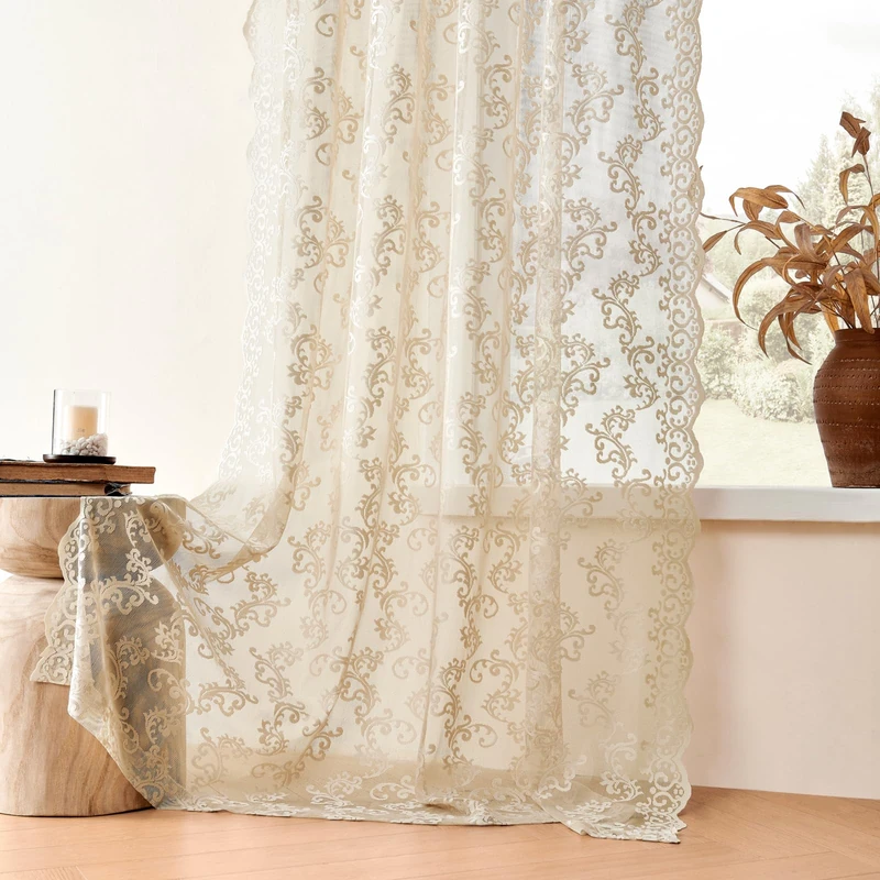 FOLKSIDE Paisley Lace Floral Curtains for Living Room Bedroom Dining Room Large Window Sheer Neutral Sheer Curtains Rod Pocket Light Filtering 52x108 Inch Beige 2 Panels