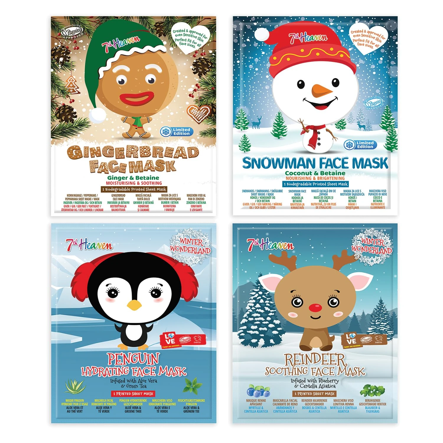 7th Heaven Winter Wonderland Face Mask Gift Set for Kids (Contains 4 Printed Sheet Masks in 4 Fun Designs, Age 8+). Mess Free Pamper Set/Kids Face Masks - Genuine 7th Heaven Face Masks Skincare