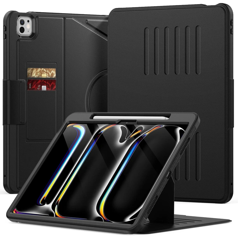 KAIJIAbox for iPad Pro 13 inch Case M5/M4 (2025/2024) with Pencil Holder, Shell Slim Protective Shockproof Cover with Magnetic Stand, Card Slots, Auto Sleep/Wake Case (Black)