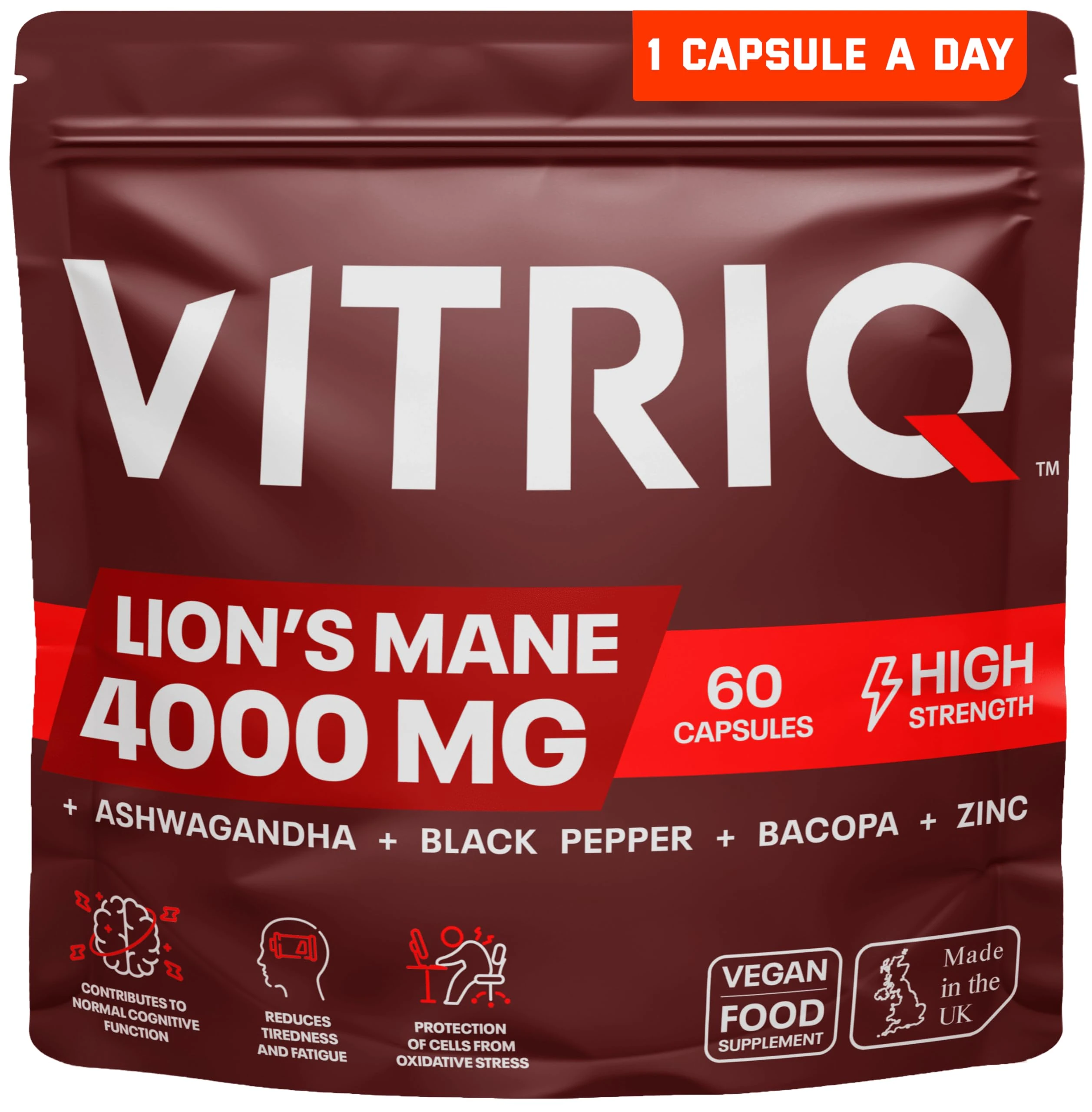 Organic Lions Mane and Ashwagandha KSM-66 Capsules, High Strength 4000mg Lions Mane Mushroom Extract and Ashwaghandha Root Extract, Supplement for Natural Calm & Stress Support, 1-a-Day - 60 Capsules