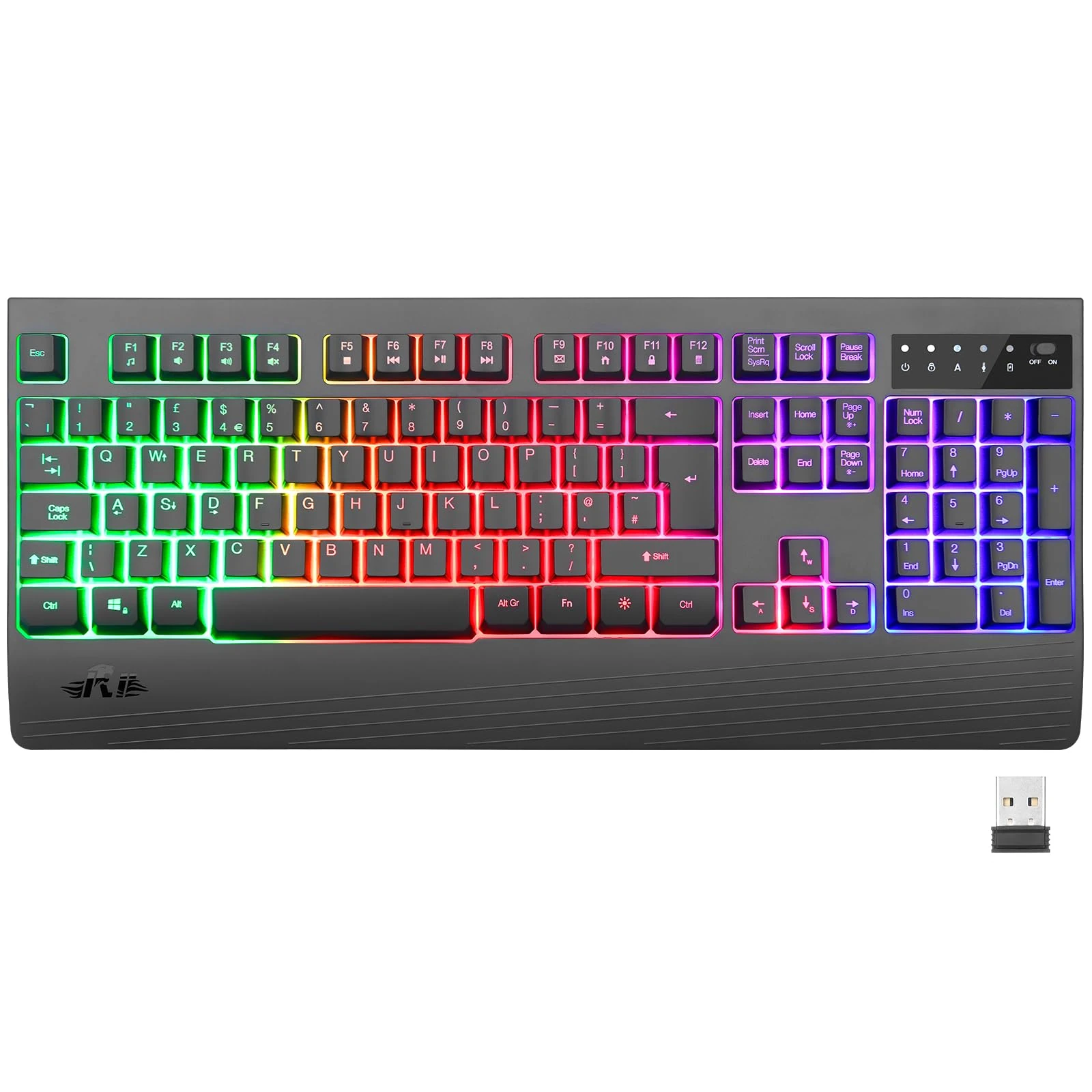 Rii Wireless Keyboard UK Layout,2.4G Wireless Gaming Keyboard,Rainbow Backlight Rechargeable Quiet Full Size Keyboard with Ergonomic Wrist Rest for Computer/PC/Laptop/MAC/Windows