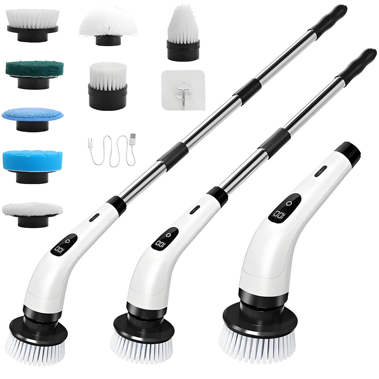 Hqynss Electric Spin Scrubber, Cordless Scrubbing Brush with 8 Brush Heads, Extendable Long Handle Rechargeable Cleaning Brush, USB-C Charging, for Floor, Tile, Bathroom, Kitchen, Shower Tub