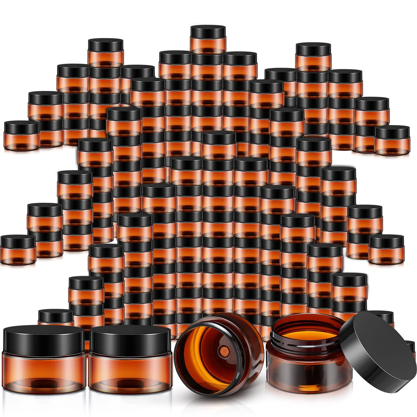 SATINIOR 100 Pcs Plastic Jars with Lids Small Containers Lids Wide Mouth Small Plastic Containers for Lotion Cream Rhinestones Body Butters Travel Storage(1 oz,Amber)