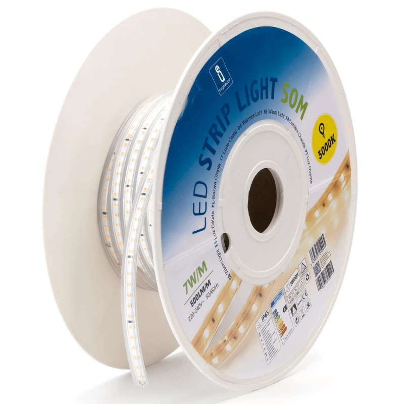 50M Yellow LED Strip, 8mm, Integrated Circuit, Ideal for Decorative Lighting and DIY Projects.