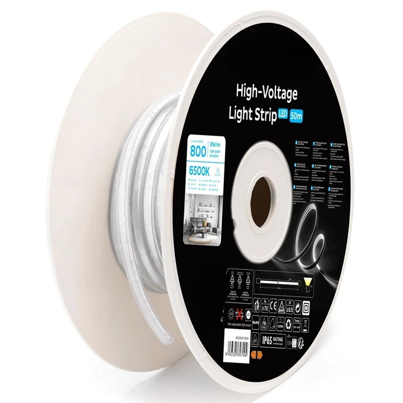 Blendend High Voltage 50m 6mm 6500k LED Strip Light: efficient Lighting for Decoration, Indoor and Outdoor environments, and DIY Projects.