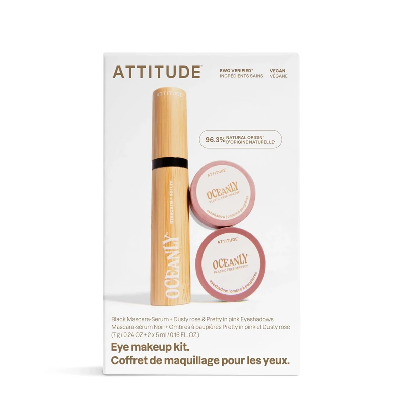 ATTITUDE Oceanly Pink Makeup Set, EWG Verified Eyeshadow and Lash Serum Infused Mascara, Vegan Beauty, Set of 3 Products