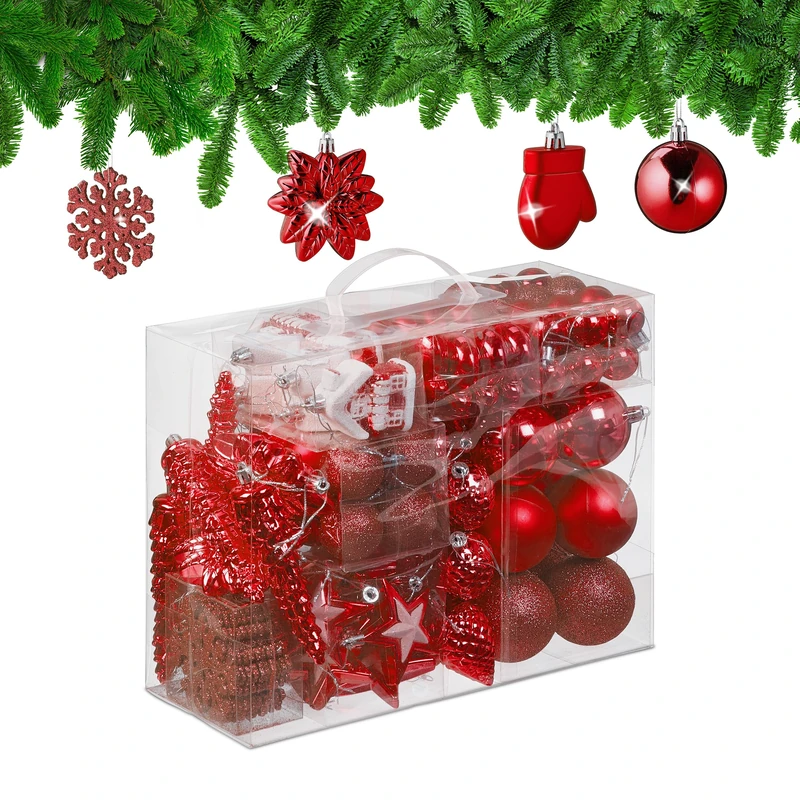 Relaxdays 100x Christmas Ornaments, Baubles, Glittering, Matte & Shiny, Tree Decorations, Plastic, 10 Designs, Red, 24 x 30 x 12 cm