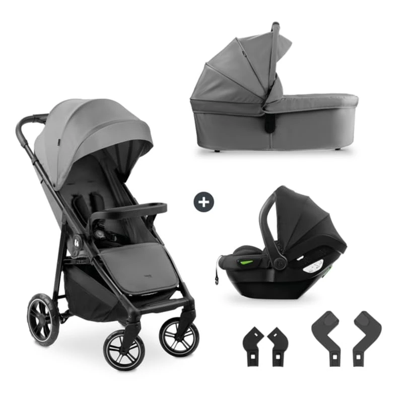 hauck Shop N Care Trio Set - 3 in 1 Pushchair Set with Pram, Car Seat and Pushchair from Birth to 22 kg, Compact, Reclinable, UV Protection 50+ – Grey