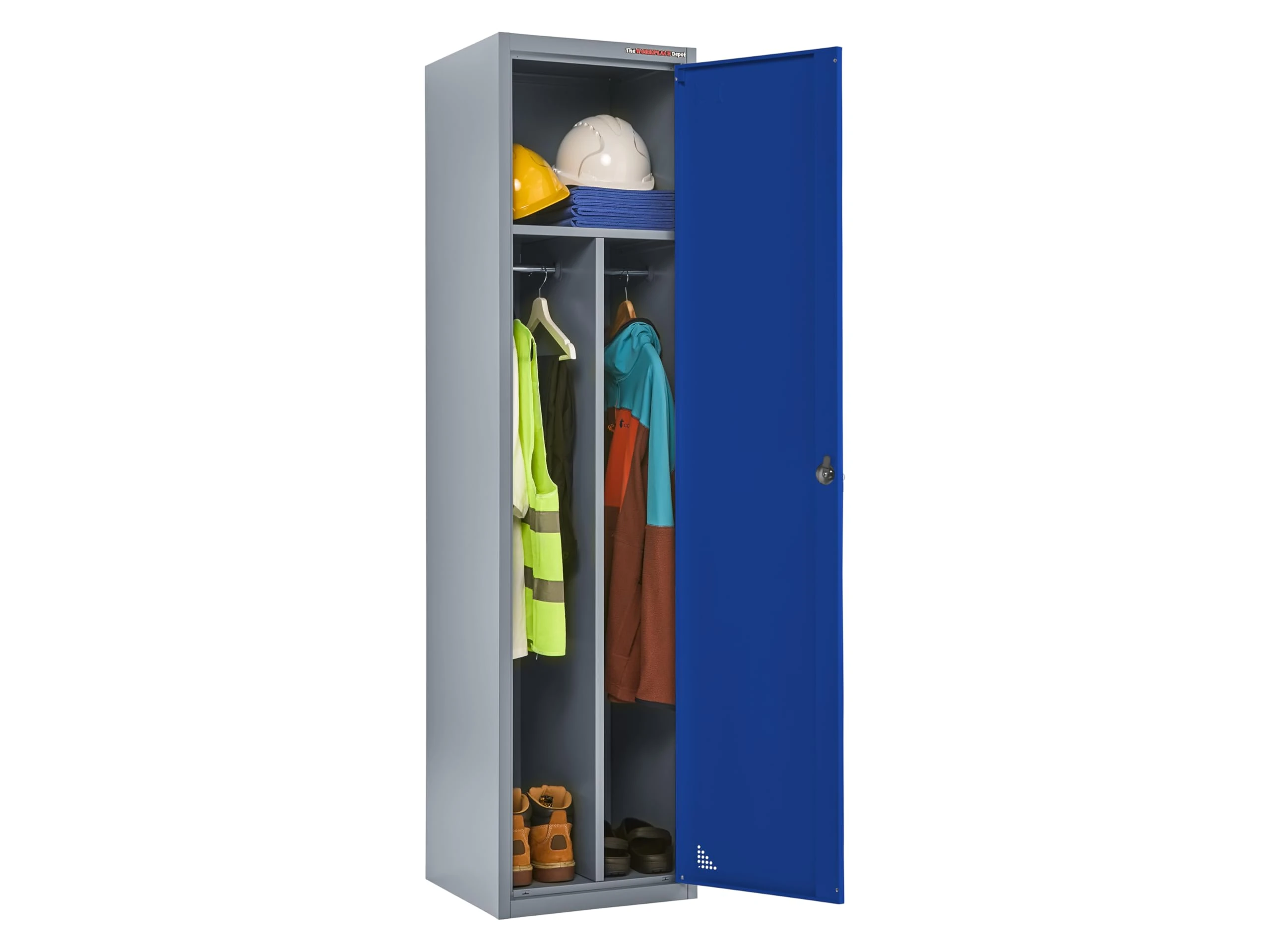 The Workplace Depot Clean/Dirty Metal Locker, Lockable Heavy Duty Steel Storage Locker with Dual Compartments & 2 Hanging Rails (Blue)