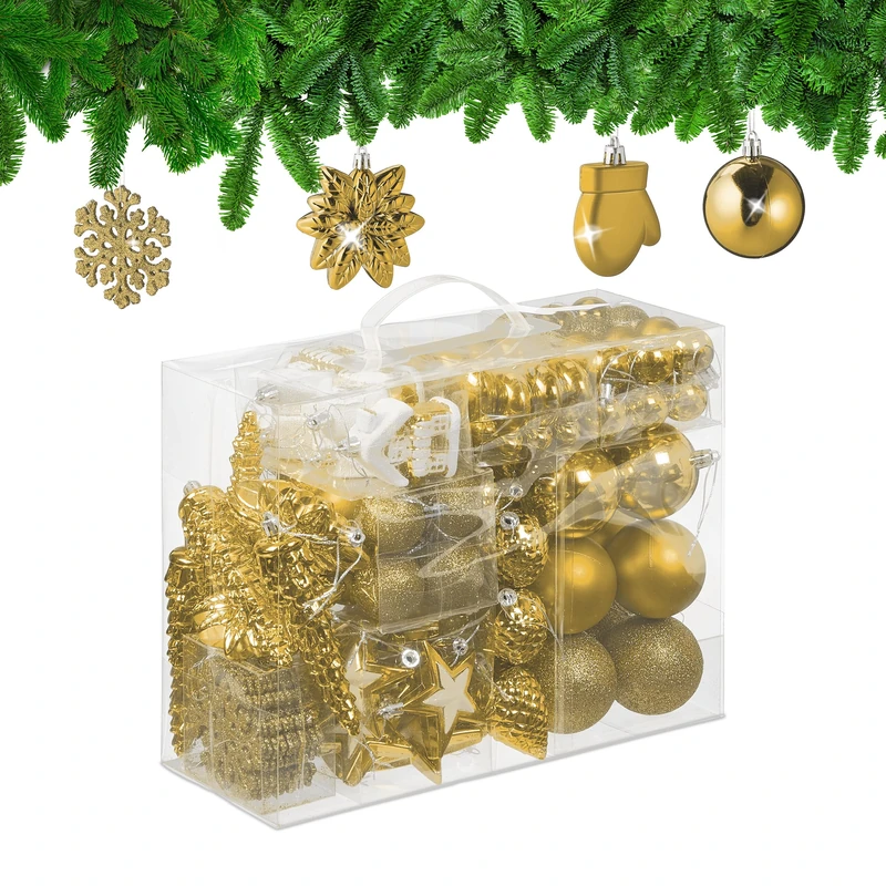 Relaxdays 100x Christmas Ornaments, Baubles, Glittering, Matte & Shiny, Tree Decorations, Plastic, 10 Designs, Gold