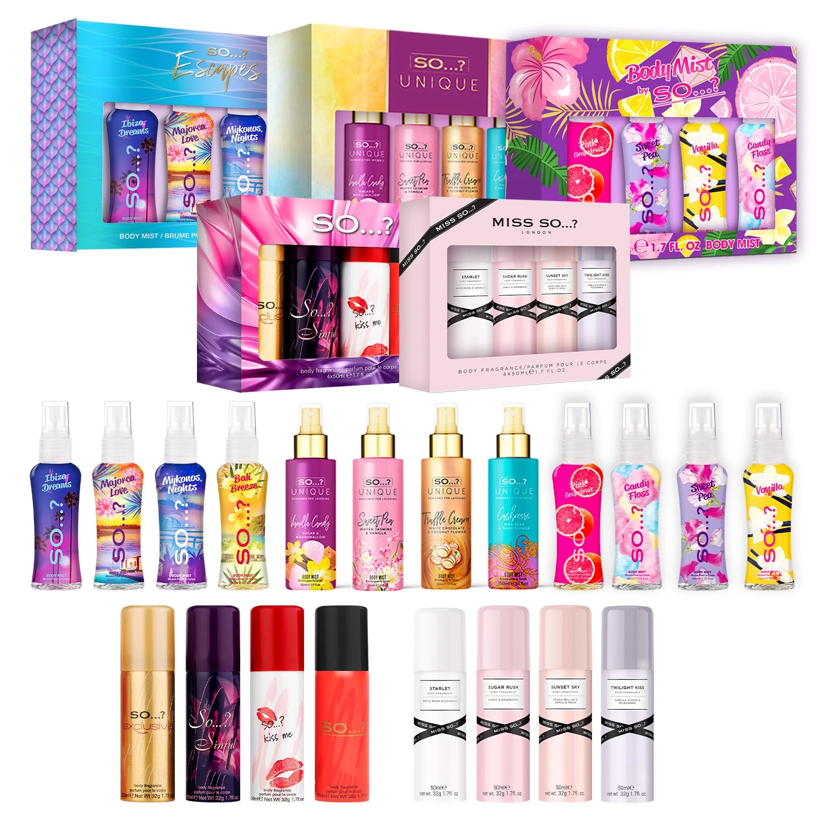 SO…? Womens Galore Body Mist Gift Set Mixed Bundle, Girls Body Spray Gift Sets, Travel Size Fragrance (4 x 50ml) Pack of 5