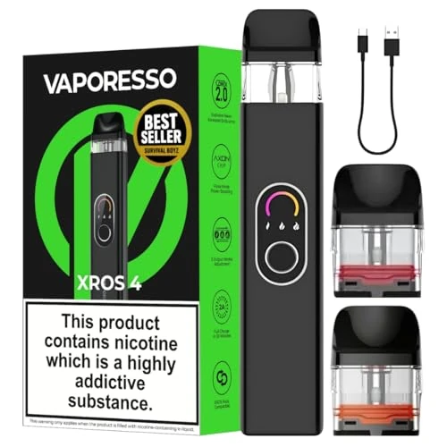 Vaporesso Xros 4 Vape Kit [Black] - Available in 10 colours - 1000mAh Battery, 2A Fast Charging (30 Min), 30W Output, Triple Power Levels, Anti-Leak - Works with all XROS Pods - No Nicotine