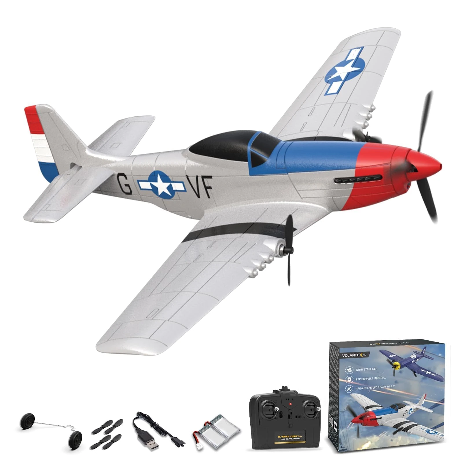 volantexrc Remote Control Plane, 3CH RC Plane P51 Mustang RTF for Beginners with 2.4GHz 6-axis Gyro Stabilizer and 2 Batteries Toy Planes for beginners, Adults (762-7)