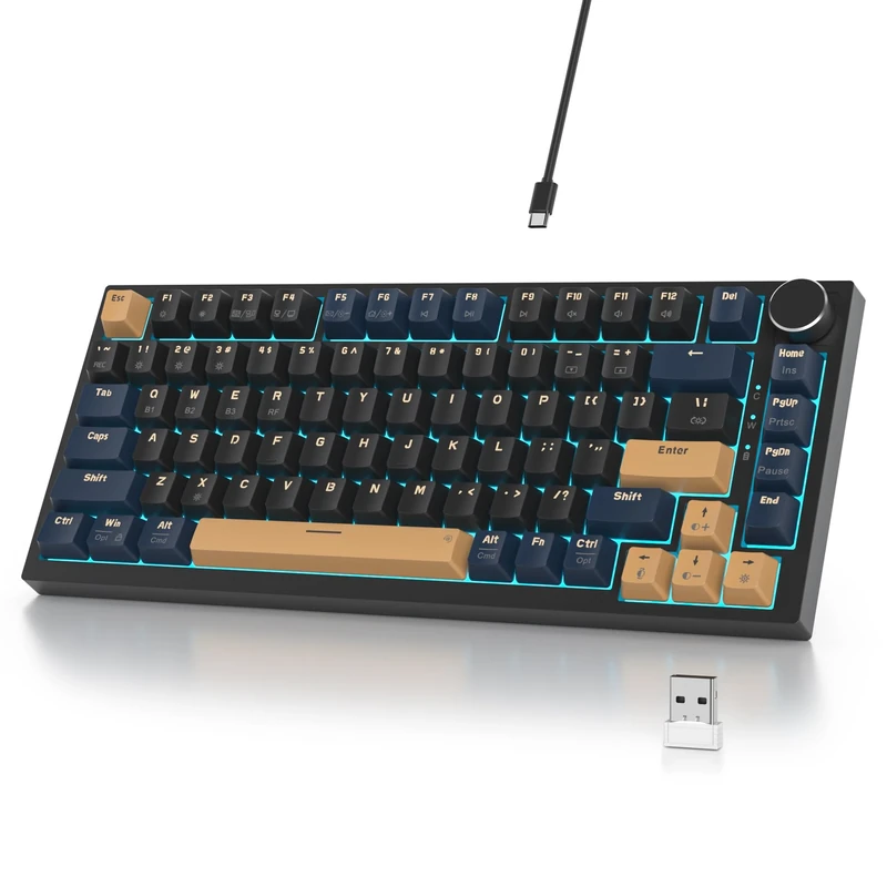 SbocKeeb Mechanical Keyboard Wireless 75% with Knob, TKL Creamy Gaming Keyboard 75 Percent American QWERTY RGB Bluetooth/2.4G/USB-C PBT Keycaps, Hot-Swap for Mac/Win V400Pro-Black, BlueSamuraiB