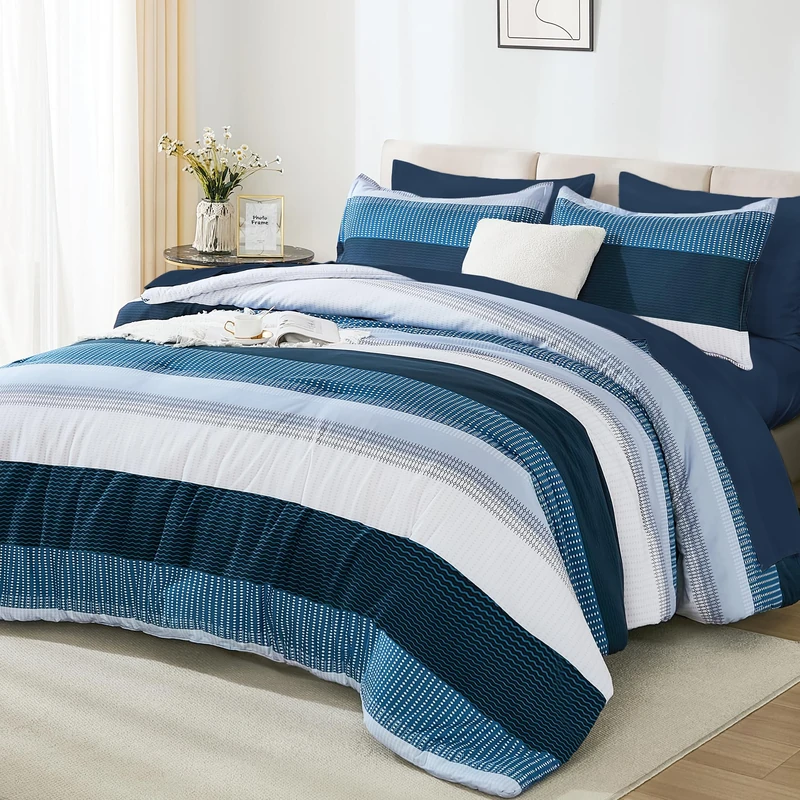 Andency King Comforter Set Navy - 7 Pieces Striped Bed in a Bag, Soft Microfiber All Season Patchwork Bedding Set with Comforter, Fitted & Flat Sheet, Pillowcases & Shams