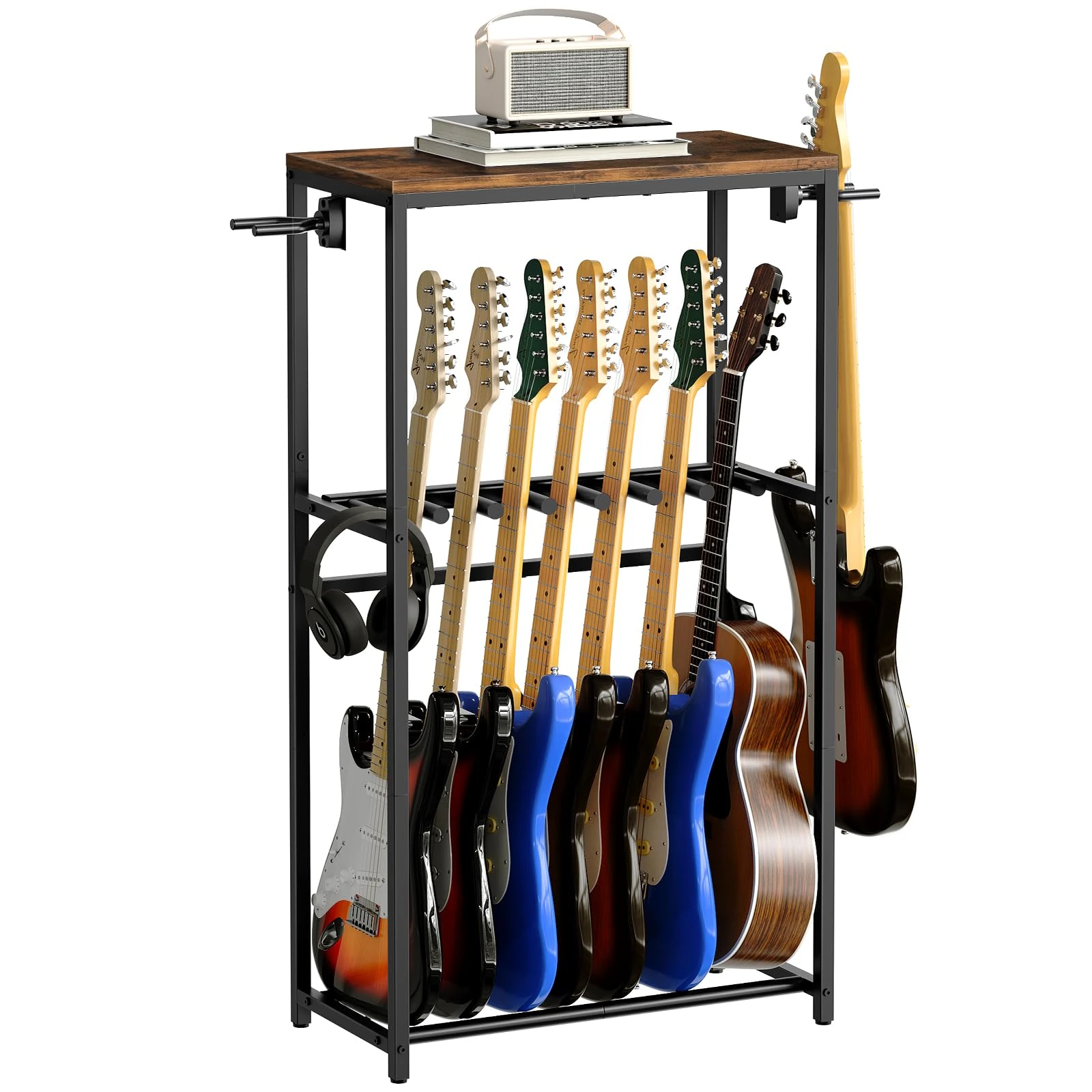 MAHANCRIS Guitar Stand for Acoustic Holder, Electric Guitar, Bass, Multiple Guitar Rack, Floor Adjustable for Guitars, Guitar Amp Accessories, for Home Music Studio, Rustic Brown and Black AGSHR6701