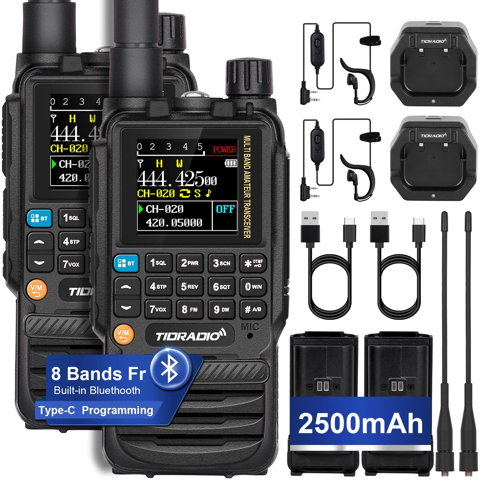 TIDRADIO TD-H3 Ham Radio, Air Band Reception, Type C &Wireless Programming Walkie Talkies for adults, Frequency Match,Dual Band Two Way Radio, Long Range Handheld Amateur Radio for Camping -2 Pack