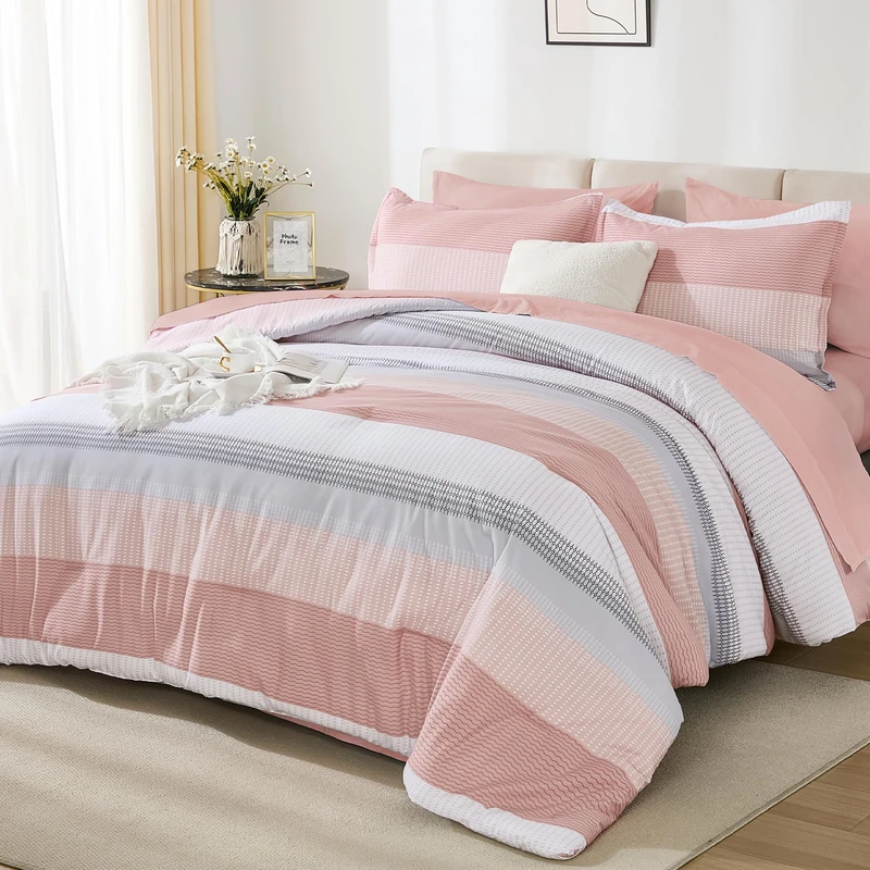 Andency King Size Comforter Set 7 Pieces - Pink Striped Lightweight Bed in a Bag, Fully Microfiber Bedding Breathable All Season Beddding Set with Comforter, Fitted & Flat Sheet, Pillowcases & Shams
