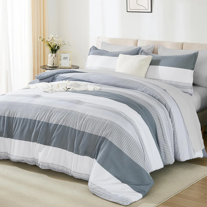 Andency King Size Comforter Set 7 Pieces - Light Grey Striped Lightweight Bed in a Bag, Soft Microfiber Farmhouse All Season Bedding Set with Comforter, Fitted & Flat Sheet, Pillowcases & Shams