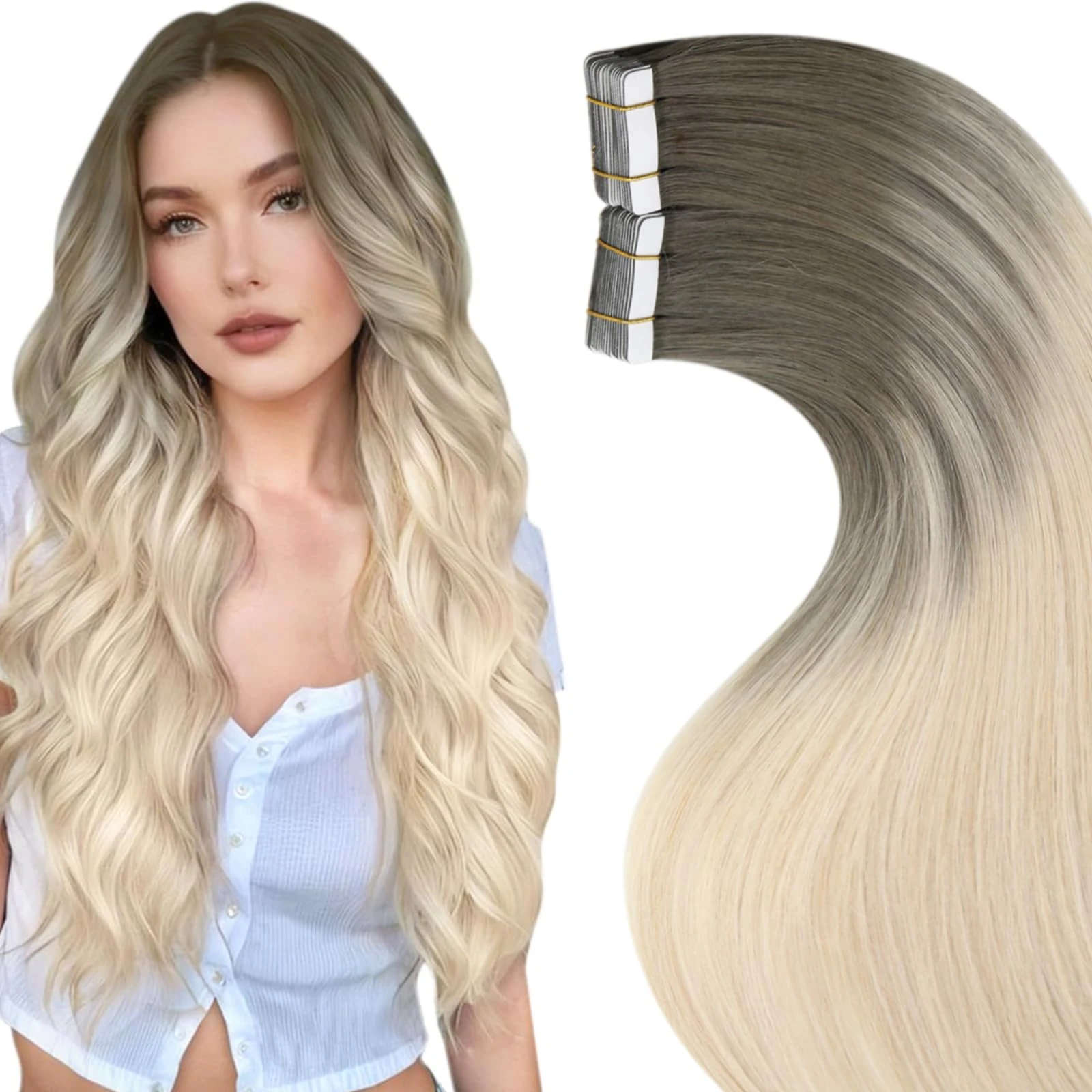 LaaVoo Tape in Hair Extensions Human Hair Blonde Tape Hair Extensions Real Human Hair Invisible Tapes Remy Straight Balayage Brown to Light Blonde Hair Double Sided Tabs 20pcs 30g 12 Inch #8/59