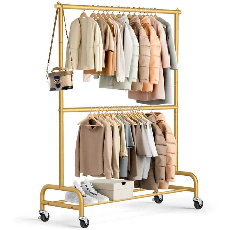 MISSLO Gold Clothing Racks for Hanging Clothes Heavy Duty Clothes Rack Double Garment Rack Metal Rolling Coat Rack Closet Wardrobe Rack on Wheels