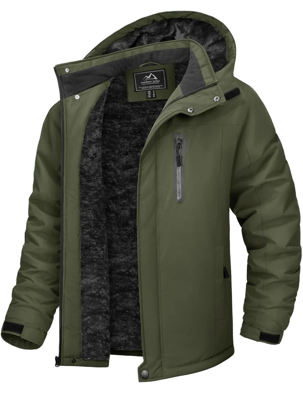 TACVASEN Waterproof Work Coats Men Outdoor Winter Thermal Jackets Windproof Ski Clothing with Hood Army Green,M