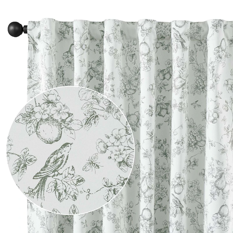 Vangao Sage Green 100% Blackout Curtains for Bedroom 96 Inch Length, Country Flower Floral Curtains for Living Room Toile Cottagecore Thermal Insulated Window Drapes 2 Panels Green and White