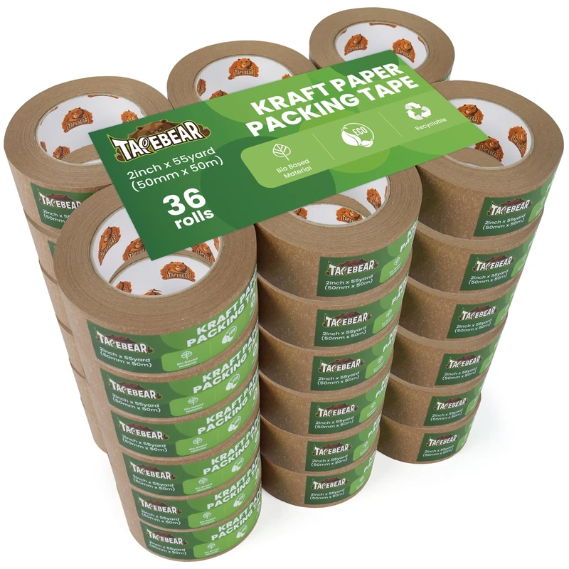 TAPEBEAR Kraft Paper Packing Tape 50mm x 50m, Eco Friendly & Recyclable Brown Paper Tape Heavy Duty Parcel Tape Biodegradable for Parcel Packaging, Moving and Multi-use, 36Rolls